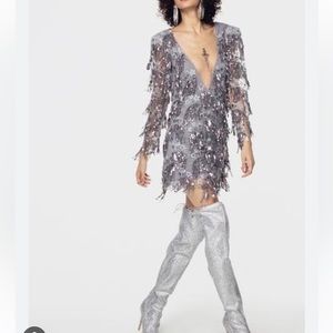 For Love & Lemons Etoile Sequin Fringe Silver Shooting Stars Mini Dress